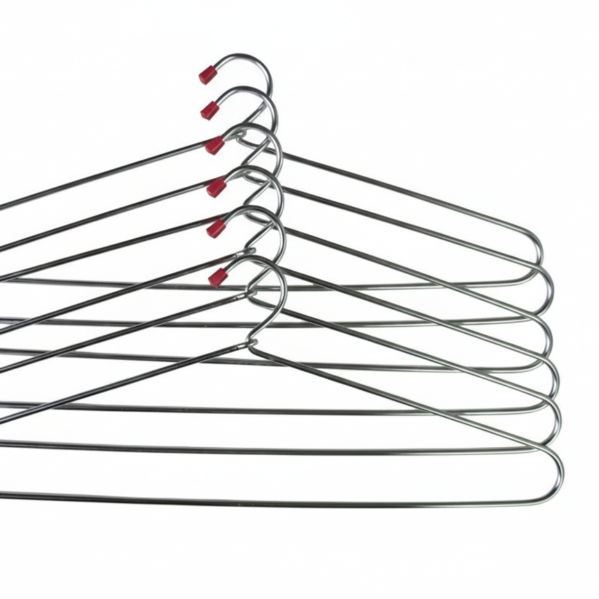 A stack of six metal clothes hangers with red plastic tips on a plain white background.
