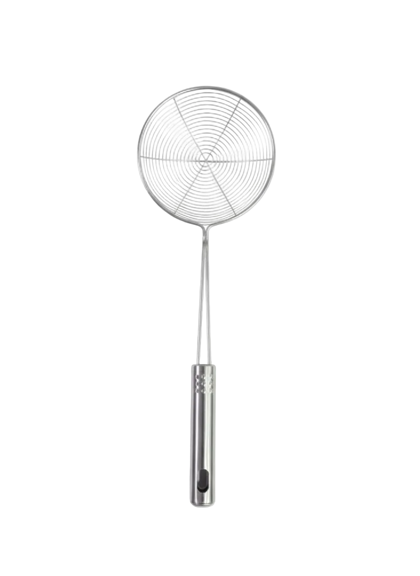 A stainless steel mesh strainer with a long handle, shown vertically against a plain white background.