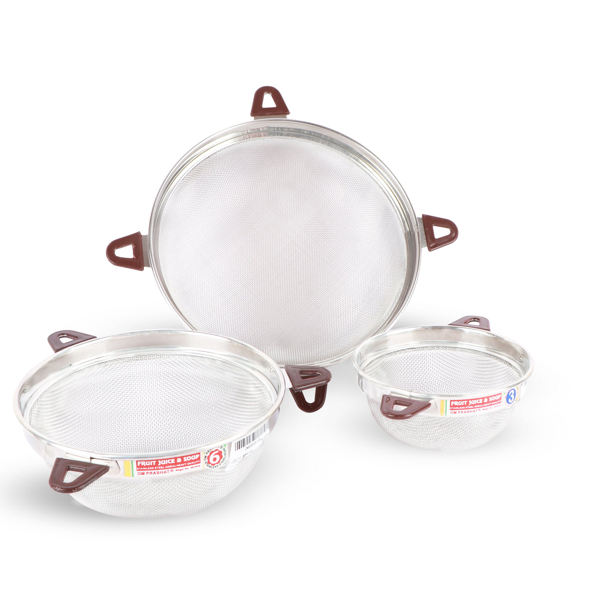 Three clear plastic strainers in different sizes with brown handles, displayed on a clean white background.