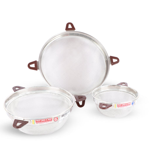 Three clear plastic strainers in different sizes with brown handles, displayed on a clean white background.