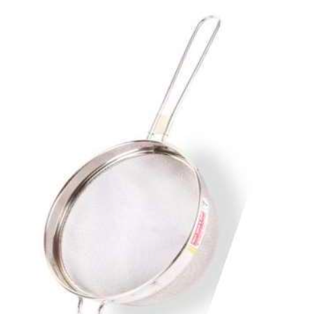 A stainless steel mesh strainer with a long handle and a small loop at the base, shown on a plain white background.